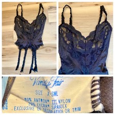 Vintage VANITY FAIR Bustier Black Lace Sheer Stretch GARTER Belt Corset XS EUC