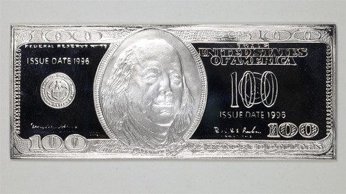 1996 Hundred Dollar Federal Reserve Note 6oz .999 Fine Silver Bar Serial #01012