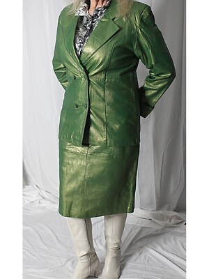 Womens Leather Skirt Suit Jacket L Lambskin Green Shiny Emerald