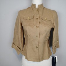 jones new york BLAZER,SUIT Jacket, pp tan linen gold tone buttons 3/4 sleeve  