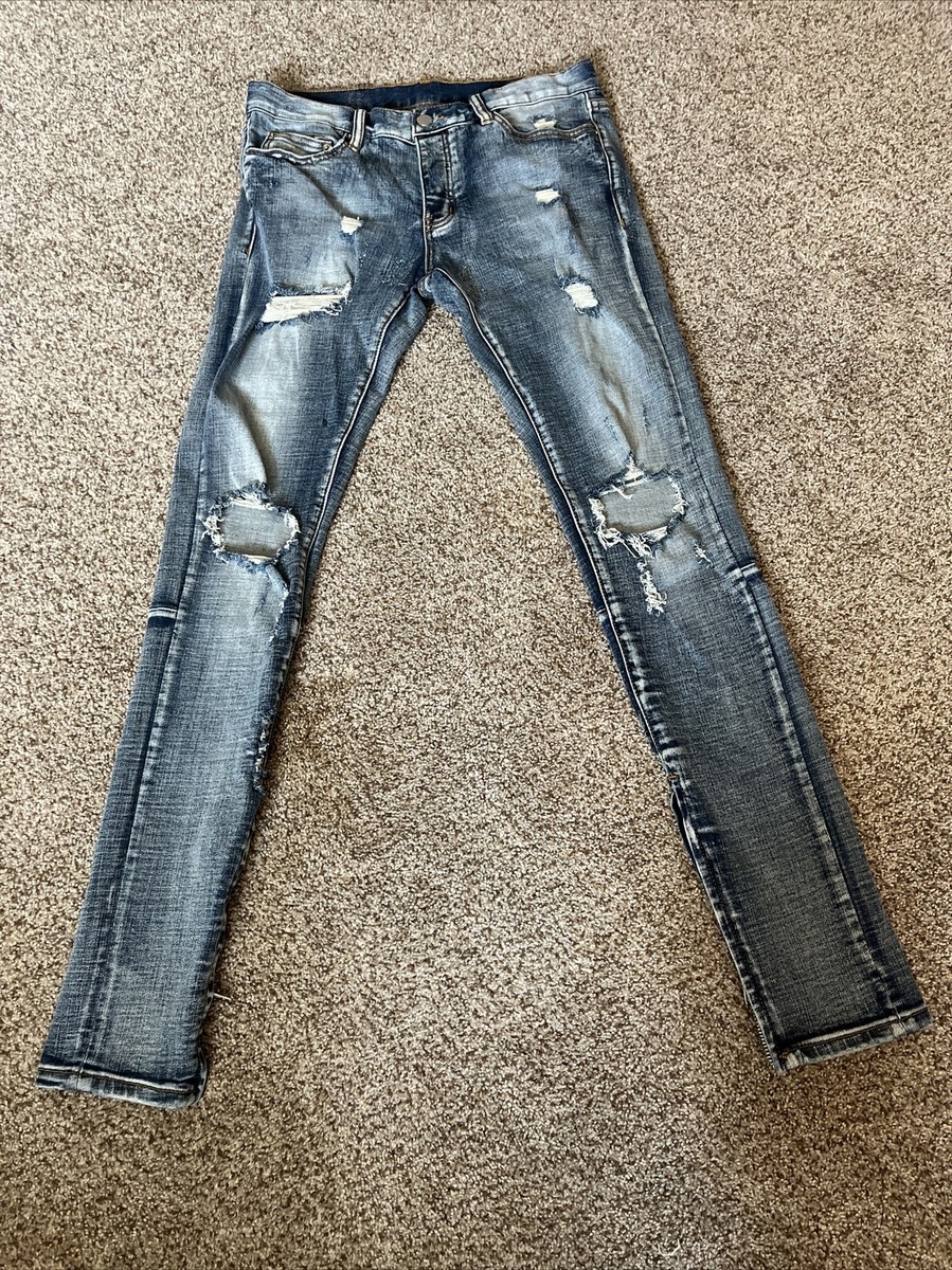 MNML Jeans Mens 30 (31x33) Distressed Straight Zip Ankle Button Fly Denim