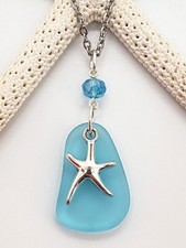 Sea Glass Necklace Jewelry w/ Aqua Blue Pendant  Starfish Charm, Handcrafted