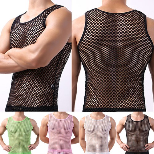 US Sexy Men Fishnet Mesh Tank Top Vest See Through Muscle Short Shirt Clubwear ➳