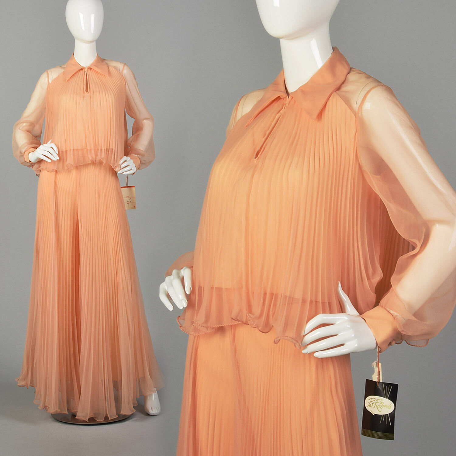 S 1970s Palazzo Pants Outfit Orange Chiffon Long Sleeve Top High