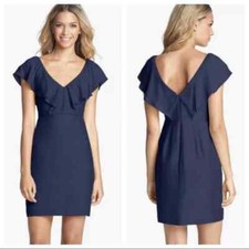 Jenny Yoo Collection Gabby Navy Blue Ruffle Cap Sleeve Dress Silk Blend Size 8