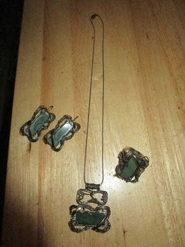 Vintage Sterling Silver jewellery SET : Ring size S + Necklace + Earrings