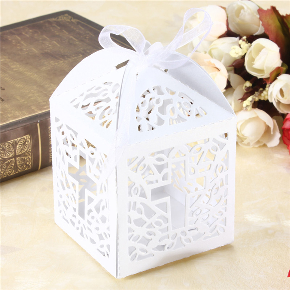 10/50/100x Cajas de dulces de papel con forma de cruz hueca para regalos de boda