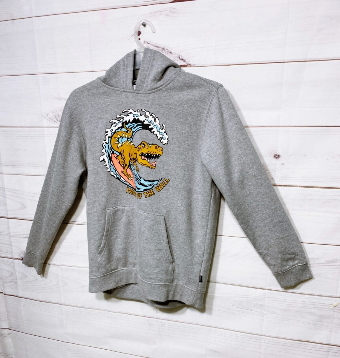 Vans Boys Dino T-Rex Surfing Hoodie Size XL Gray Graphic Print