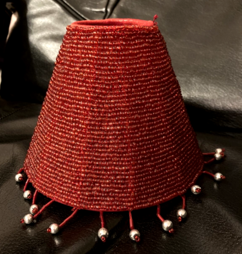 VINTAGE BEADED TABLE LAMP SHADE MINI RED Votive Candle Lamp Bead Fringe - Picture 1 of 9