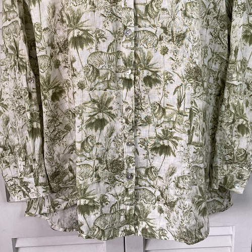 Rachel Zoe 100% Linen Ivory & Green Lions & Tigers Tropical Print Blouse XL - Picture 3 of 9