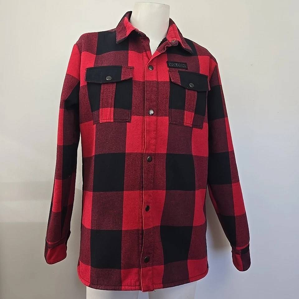 Volcom Pat Moore Shirt Jacket Sherpa Lined Men's M Black & Red Buffalo Plaid - Image 2 of 4