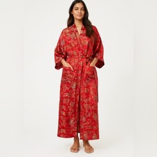 Solz Squirrel Red Brocade Kimono Robe Women s L Long Satin Belted Vintage new
