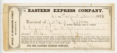 1872 Eastern Express Company Receipt   Boston MA Sealed Package Waybill Antique