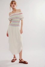 Free People Catch Me Midi Dress Colorful Embroidered Off the Shoulder M NEW