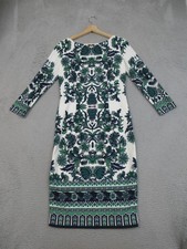 Eliza J Dress Womens 4 White Green Floral Print 3/4 Sleeve Sheath Midi Stretch
