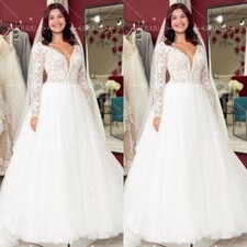 A-Line Wedding Dresses Deep V Neck Long Sleeve Lace Applique Train Bridal Gowns