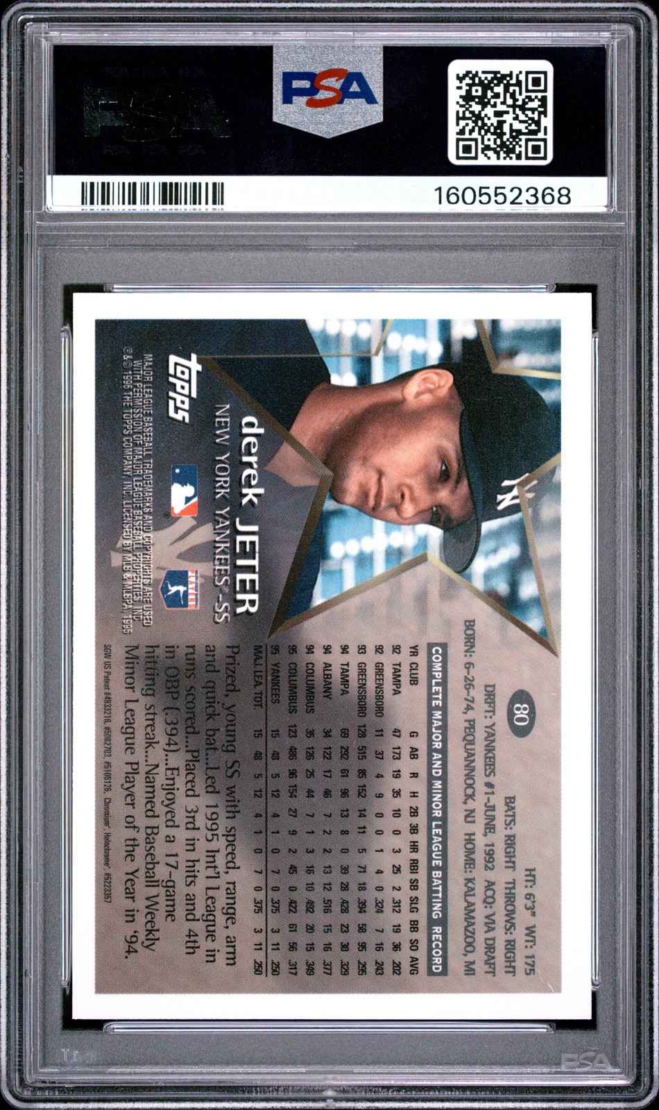 1996 TOPPS CHROME #80 DEREK JETER PSA 6 view 2