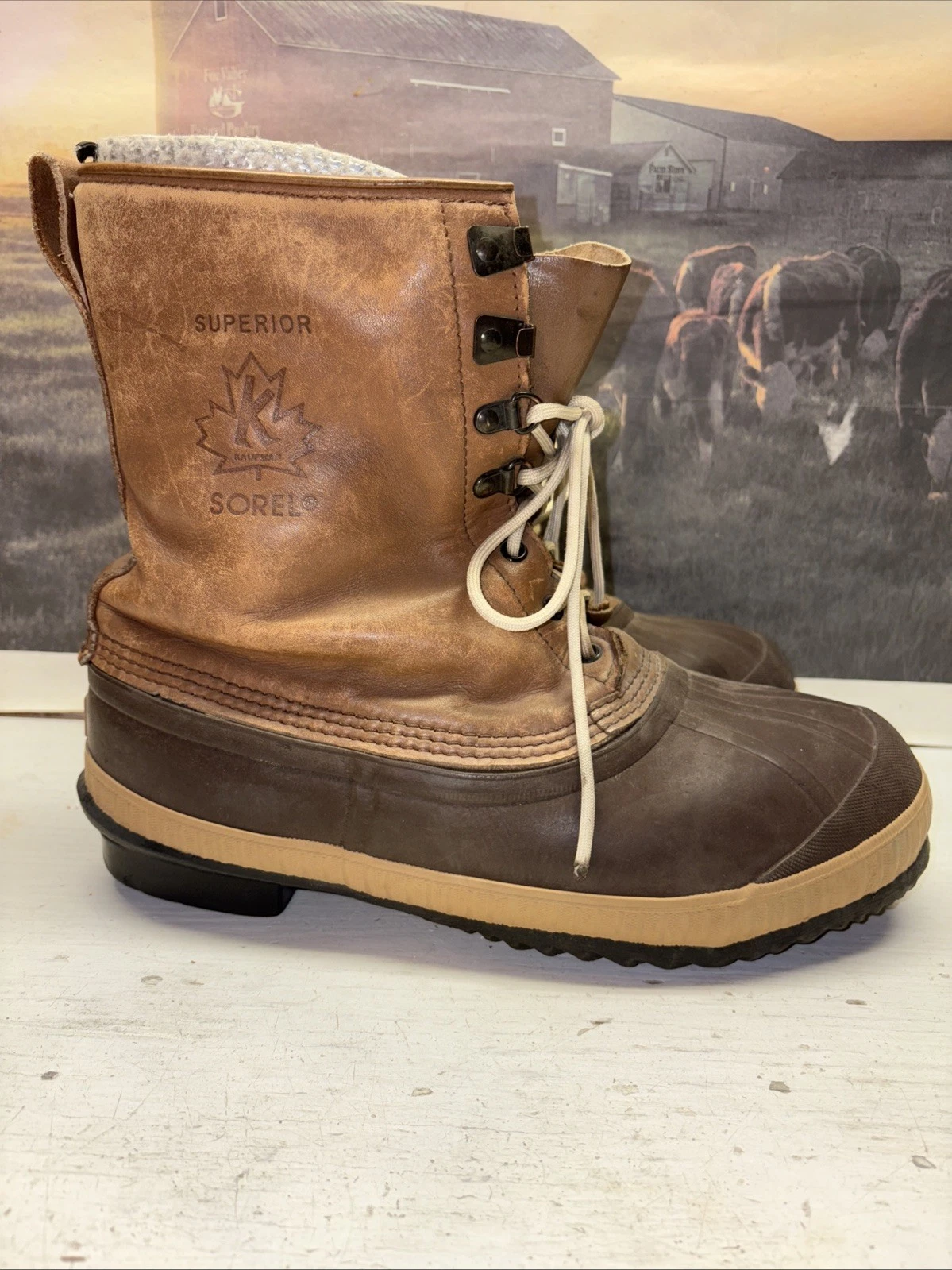Vintage Sorel Superior Canada Leather Winter Duck Boots Wool Inserts Mens 10