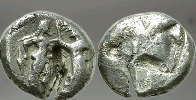 MACEDONIA, ''LETE'' Stater 530-480BC. Ithyphallic satyr holds his tail & Nymph