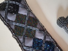 Vintage Christian Dior Ceintures Grey Blue Black Bead Silk Belt Sash Tie Wide