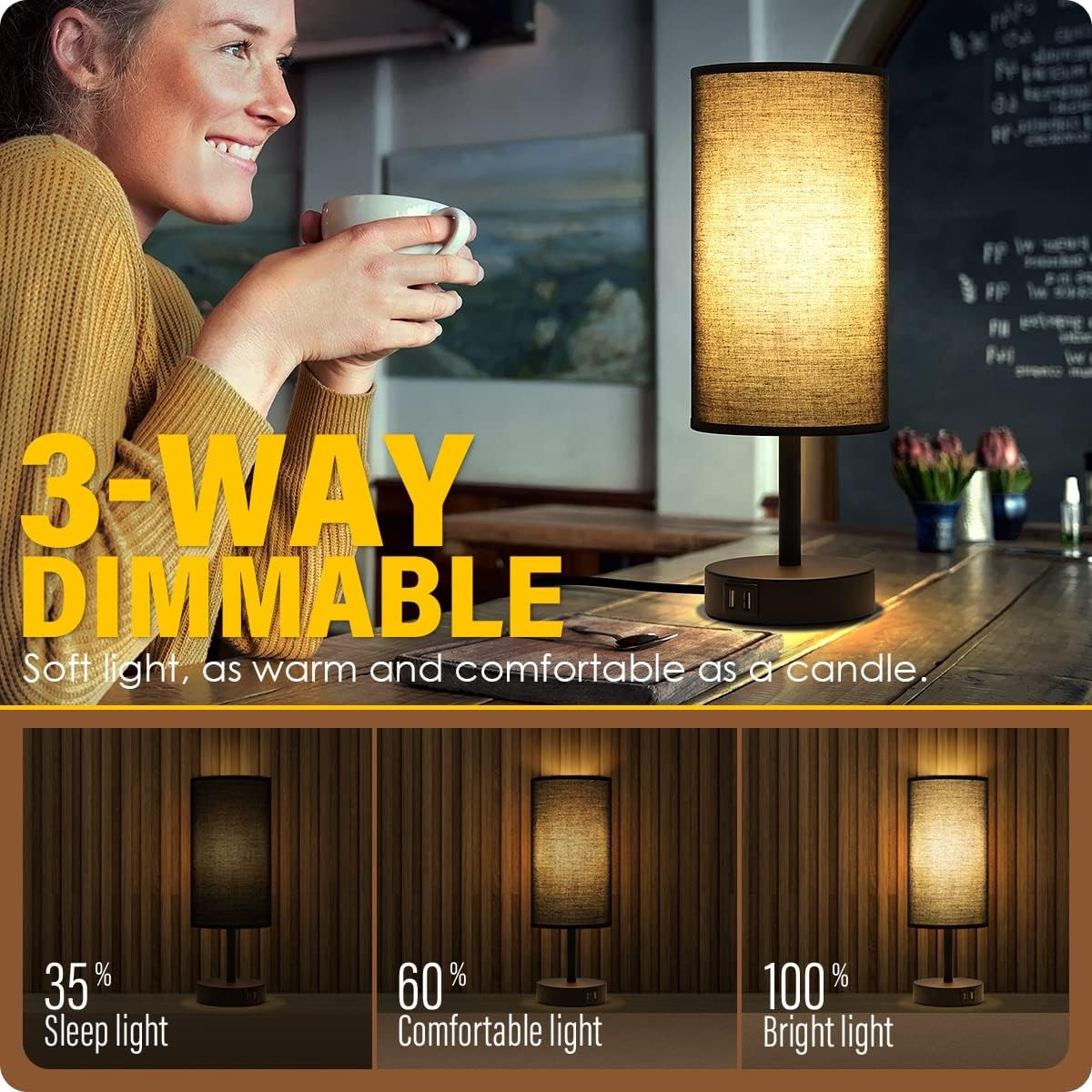 Bedside Lamps with USB Port - Touch Control Table Lamp for Bedroom 3 Way Black