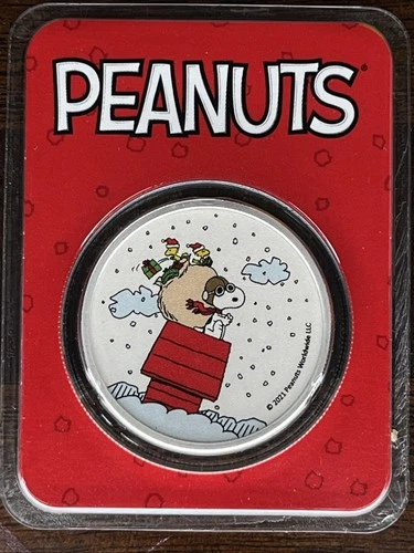 New ListingPeanuts Christmas Colorized Silver Round- Red Baron- 1 Oz .999 Fine Silver