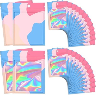 100 Pc Resealable Bags  Clear Window, Holographic Pink Blue Wave Mylar 5.5 x 7.8