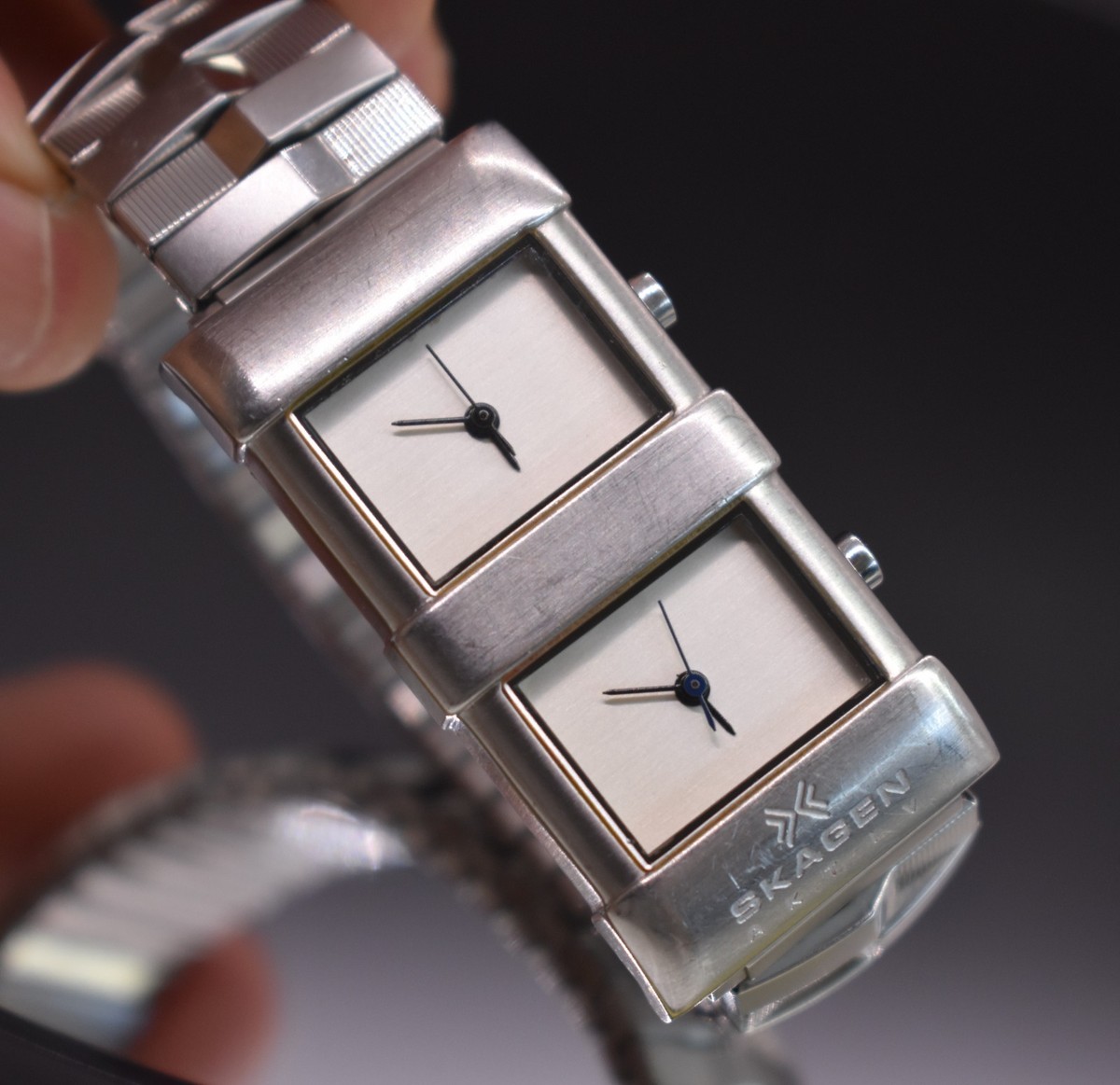 Vintage Skagen Aktiv Dual Time Watch Men Expansion Band Traveler's Slim Quartz View 6
