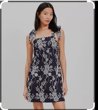 Loft Navy Floral Embroidered Tie Straps Sleeveless Summer Dress Size 14