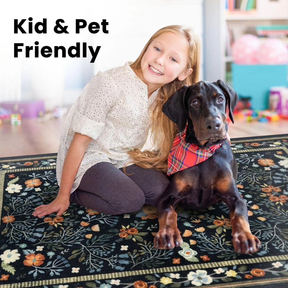 Alfombras de área para sala de estar 5x7, alfombra boho vintage floral delgada antideslizante lavable... Foto 4 de 4