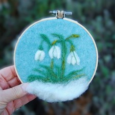 Needle Felted Wool Snowdrops in a hoop, textile art, fibre art