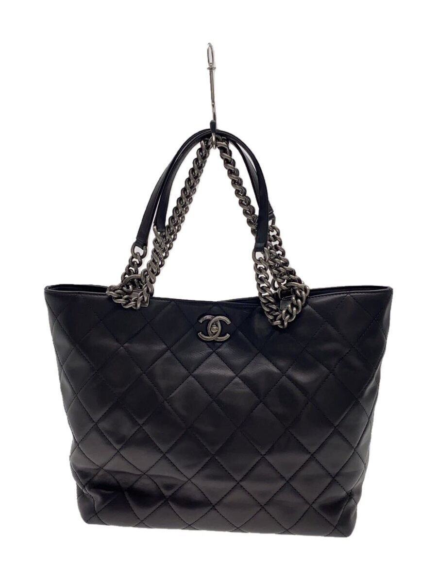 CHANEL Black Leather Matelassé 2-Way Chain Tote Bag