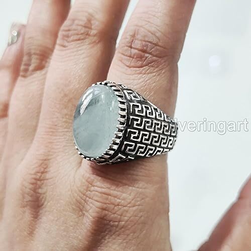 NATURAL AQUAMARINE GEMSTONE 925 STERLING SILVER HEAVY ARABIC DESIGN ...