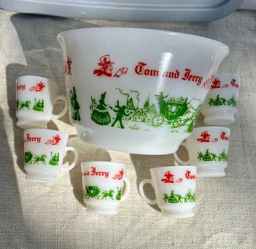 1950 TOM & JERRY HAZEL ATLAS MILK GLASS EGGNOG/PUNCH BOWL 6 CUPS