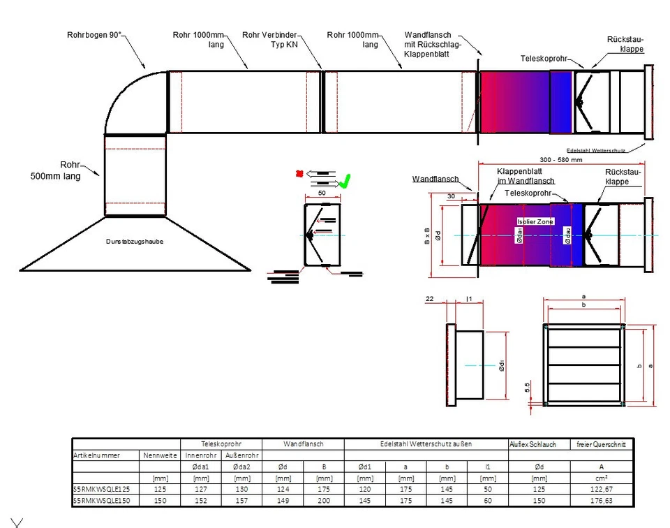 Set tubi cassetta a muro Ø100 acciaio inox scarico aria cucina valvola di non ritorno S5R-M - Immagine 4 di 4