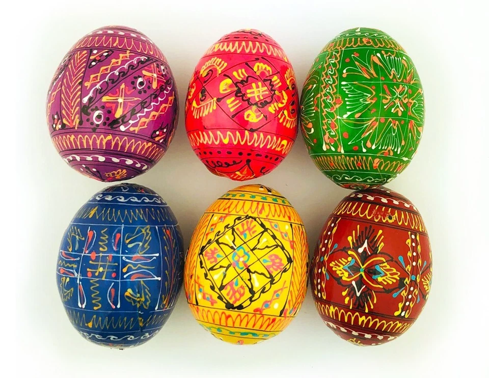 ALEXANDRA INTERNATIONAL Wooden Hand Painted Ukrainian Pysanky Easter Eggs Pysanki Easter SET OF 6 EGGS