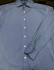 English Laundry Mens Button Front Long Sleeve Blue Cotton Stripe Shirt 16 34/35