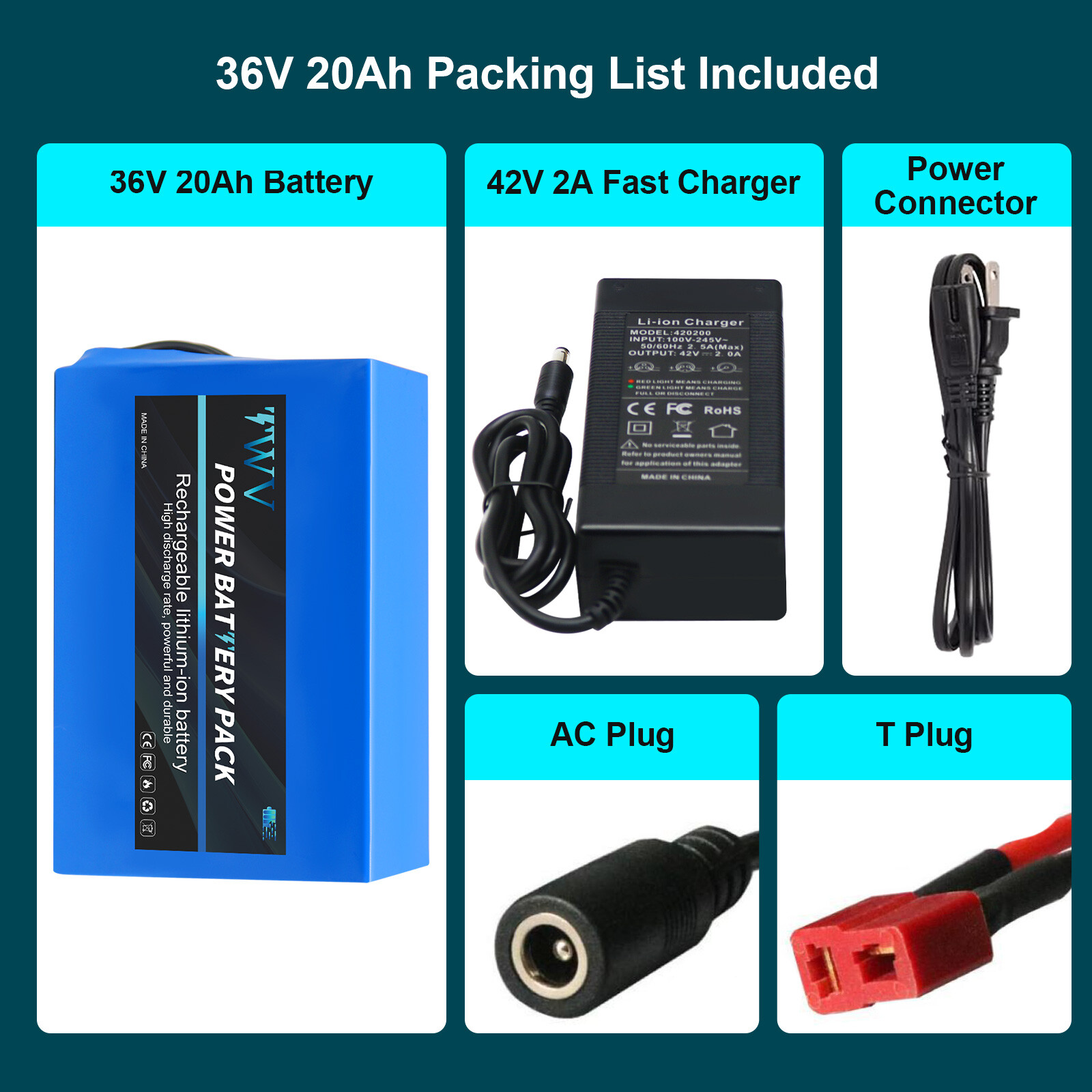 TWV 36V/48V 10AH/14AH/20AH Lithium Battery with 30A BMS for 0-1000W Motor