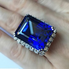 Gorgeous Vivid Royal Blue 42.82CT Sapphire With 2.60CT CZ Halo 925 Silver Ring
