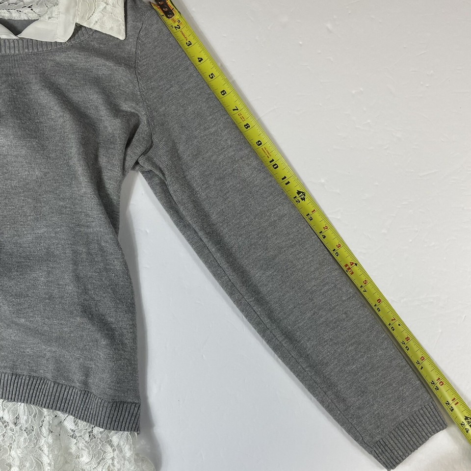 Adrianna Papell Women's Sweater Small Lace Collar Bottom Gray Tight