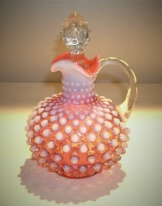 Vtg-Fenton-Glass-1940-039-s-Cranberry-Opalescent-Hobnail-6-034-Cruet-w-stopper