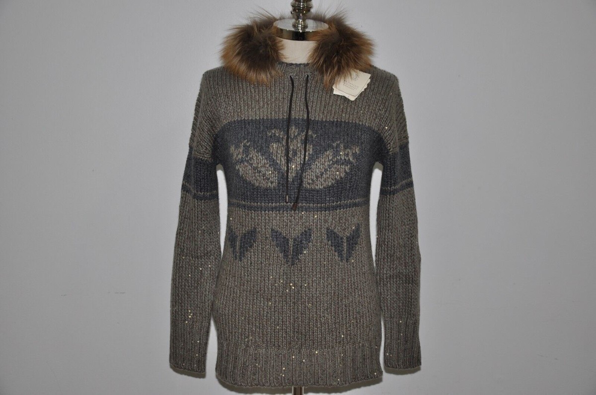 Brunello Cucinelli Heavy Knit Cashmere Sparkling Fur Collar