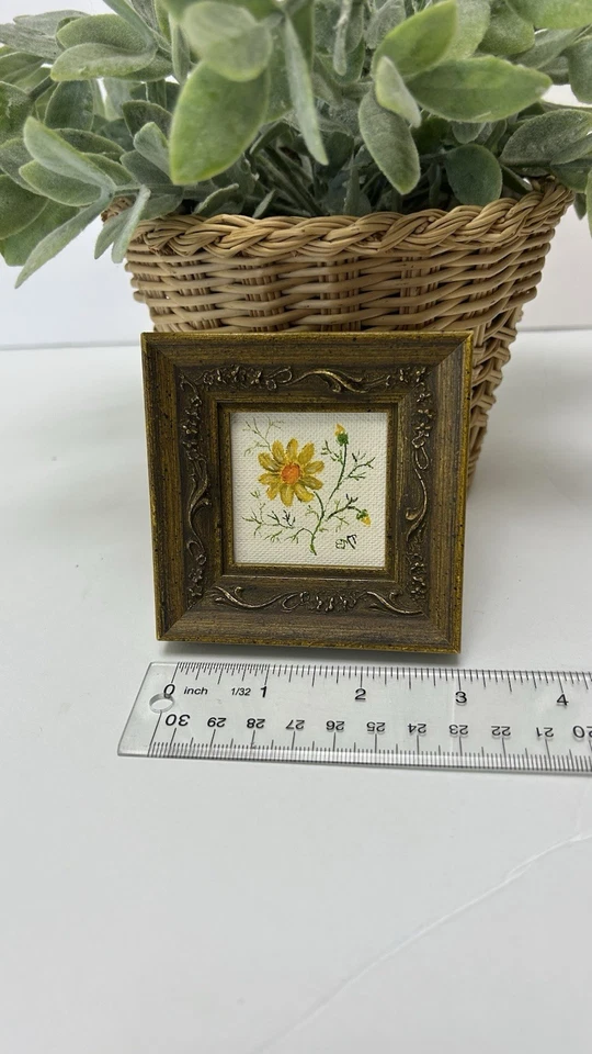 Pintura al óleo original vintage años 70 arte enmarcado floral flores doradas 3x3 Foto 2 de 3