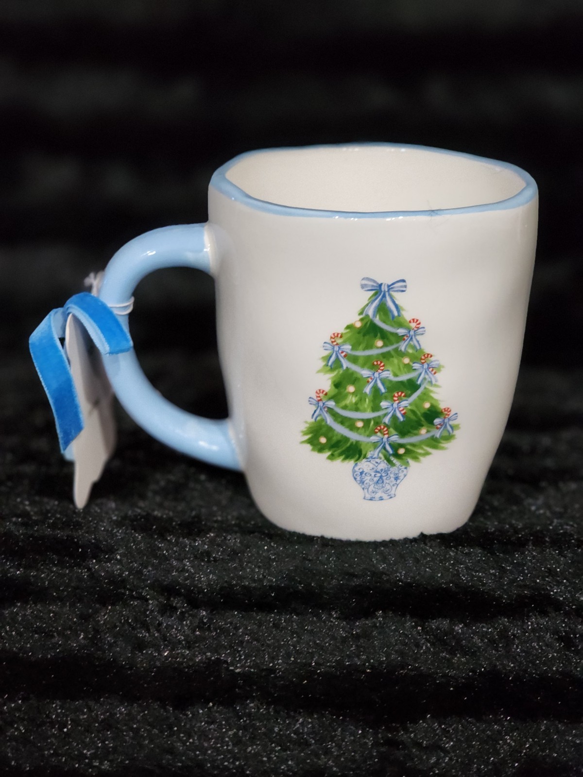 Blue & White Christmas Tree Coffee Mug Cup 4" Ceramic Chinoiserie Bows Haig TT