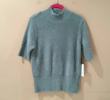 Bailey 44 Short Sleeve Sweater Top  Womens L Green Mock Neck Fuzzy Stretch New