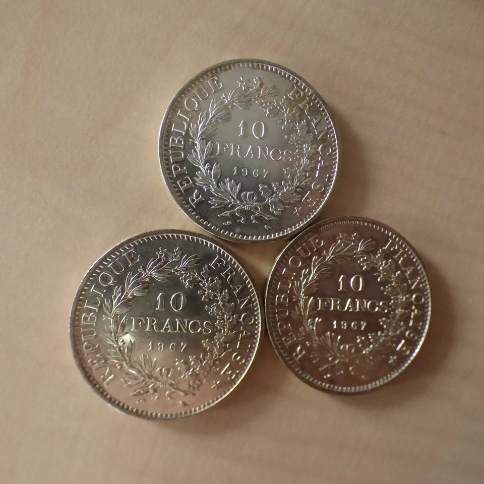 Lot de 3 pièces FRANCE 10 Francs Hercule 1967 argent 90% (3 * 25 g) dans des zip - Photo 3/4