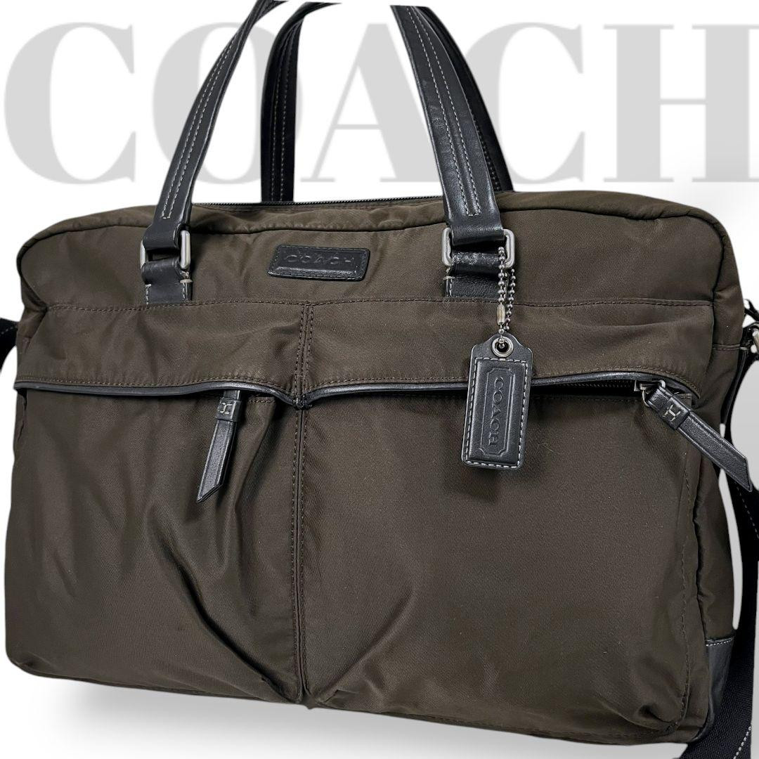 Coach Diagonal Khaki 2Way Business Bag Nylon Leather A4 Size