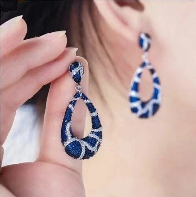 Wedding Drop & Dangle Earring 14K White Gold Plated Simulated Sapphire Round Cut