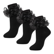 Women's Big Ruffle Socks with Bows Double Lace Turn Cuff Black 3 Pairs