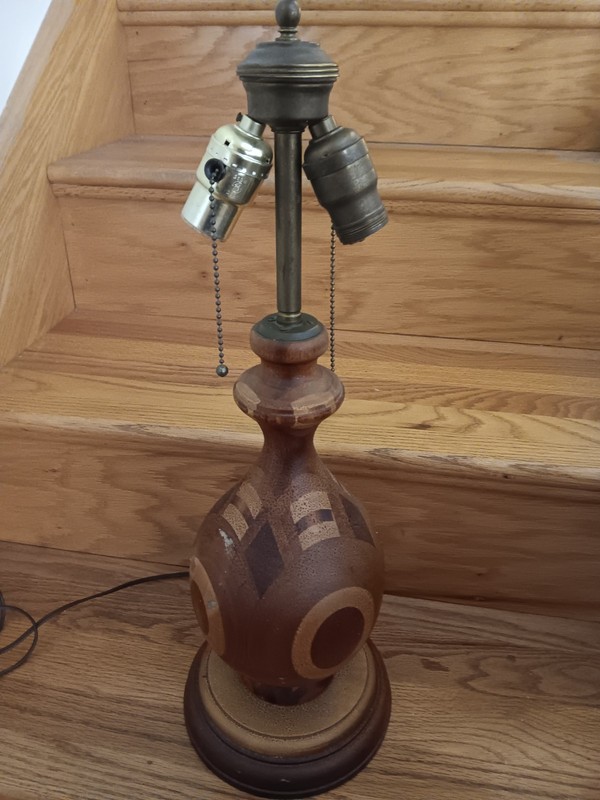 Vintage Large  Midcentury Mixed Hardwood Table Lamp 22 1/2  Tall 7 3/ Round Base